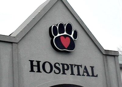Hospital entrance with logo